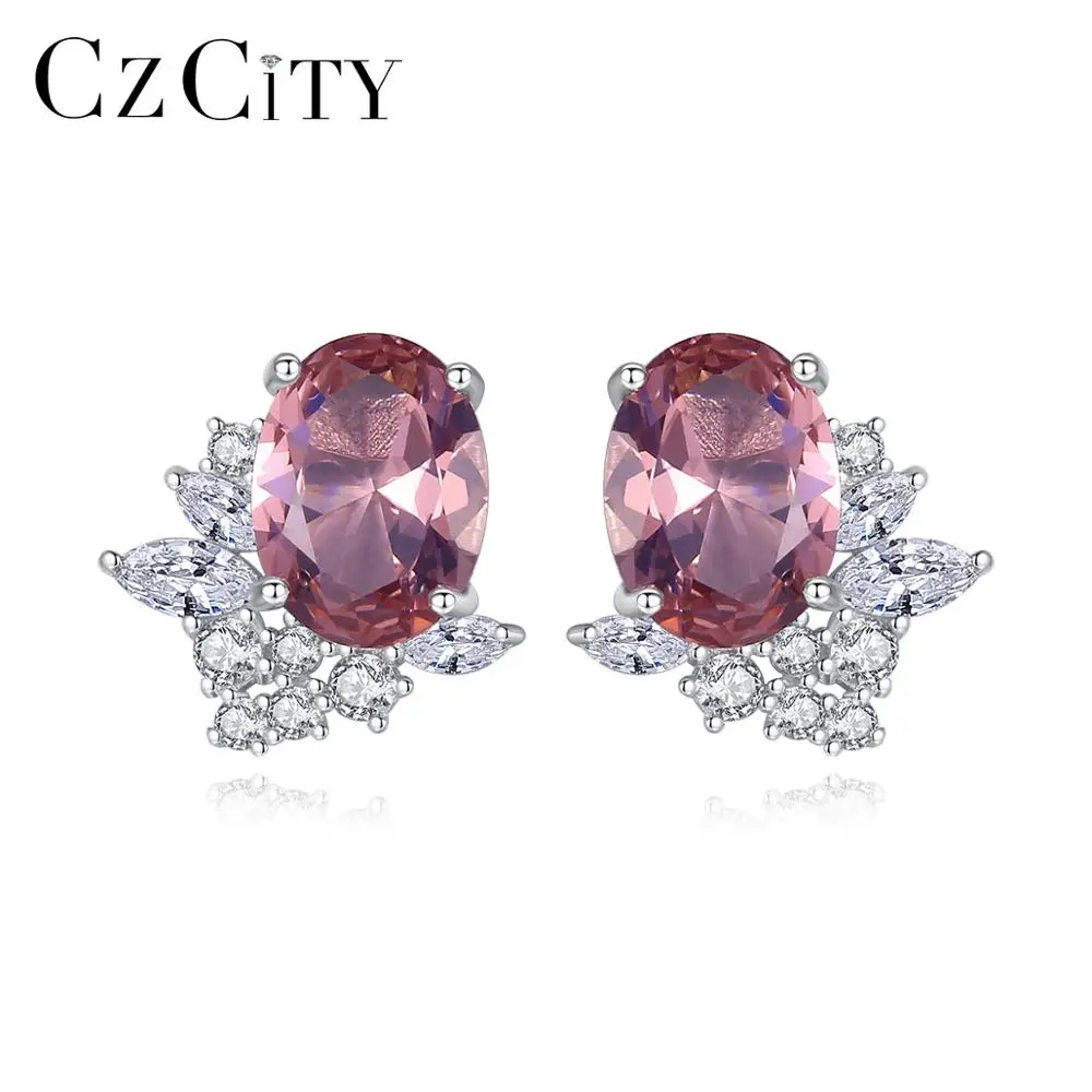 CZCITY Роскошные драгоценный камень овальной формы морганитом серьги-гвоздики для