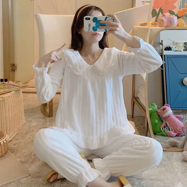 Женский фланелевый Пижамный костюм из 2 предметов белая Домашняя одежда Милая