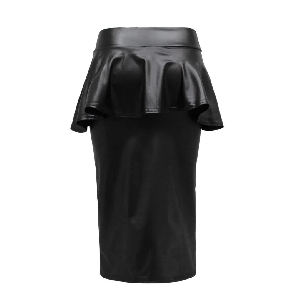 Женская облегающая юбка карандаш средней длины черная офисная с оборками и