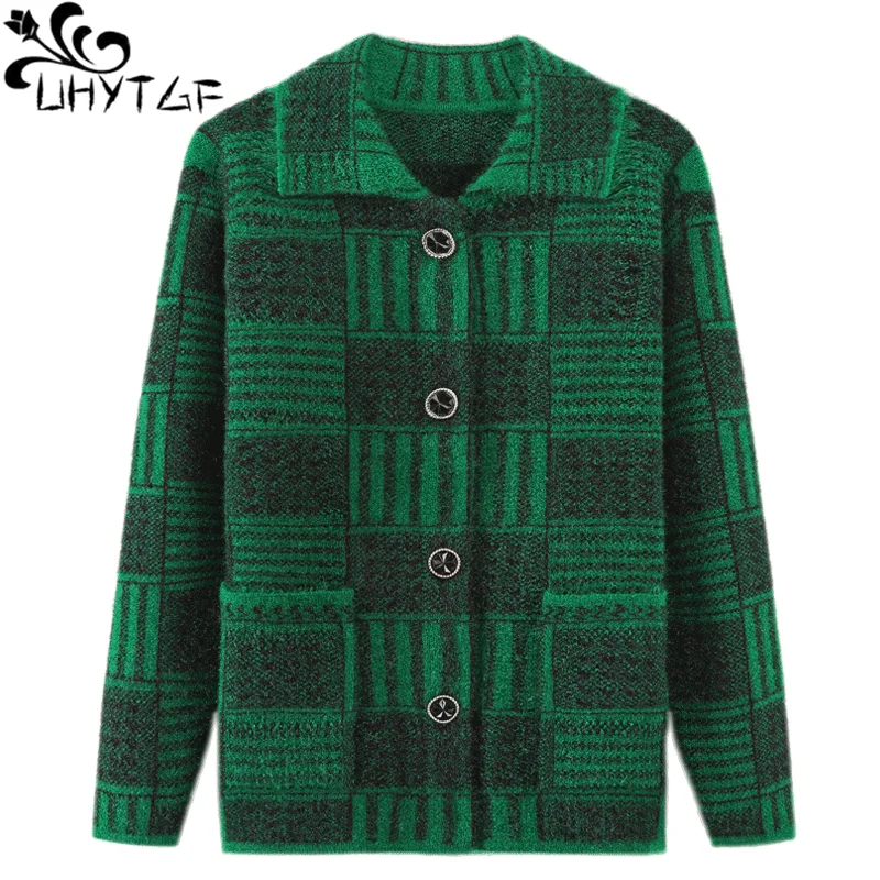 Женский свитер UHYTGF модный вязаный кардиган в клетку женский на весну и осень