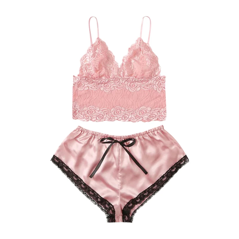 

Pajamas Sets For Women Sexy Lace Pink Cute Hot Sale Underwear Slip Hollow-Out Homewear Two-Piece Shorts + Sling Top