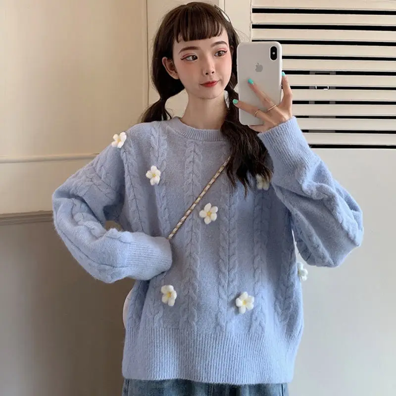 

Осенне-зимний новый стиль Японский цветочный свитер с длинными рукавами и круглым вырезом пуловер в полоску с переплетением женский модный...