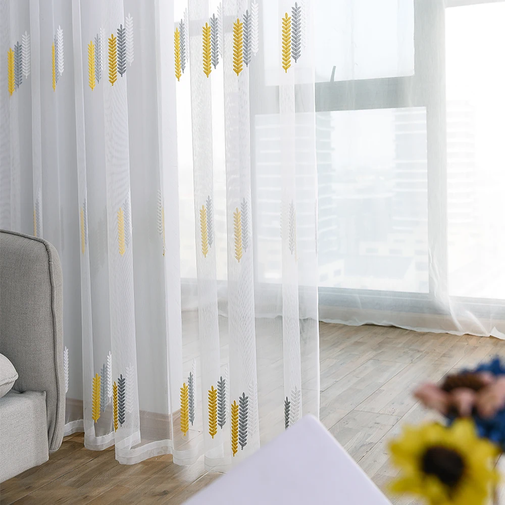 

JUNBIE Embroidery Wheat Ears Tulle Curtains for Living Room Bedroom Kitchen Sheer Windows Treatment Volie Curtains Home Decor