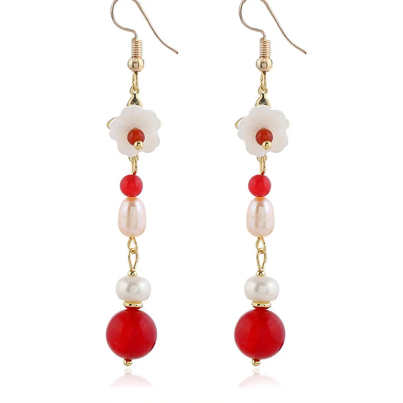 

Chinese Retro Style Shell Flower Red Agate Long Tassel Earring Party Bride Accessory
