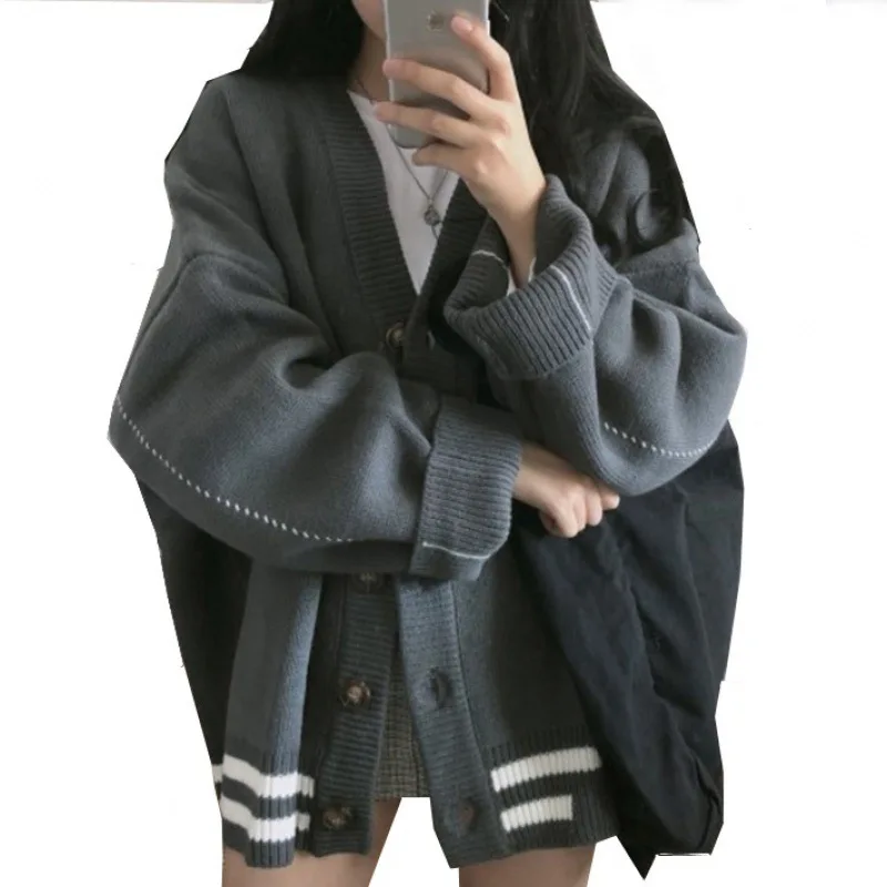 

2021 Autumn V-neck Sweater Sweater Cardigan College Style Long-sleeved Striped Loose Large Size V-neck Lazy Sweater Blouse