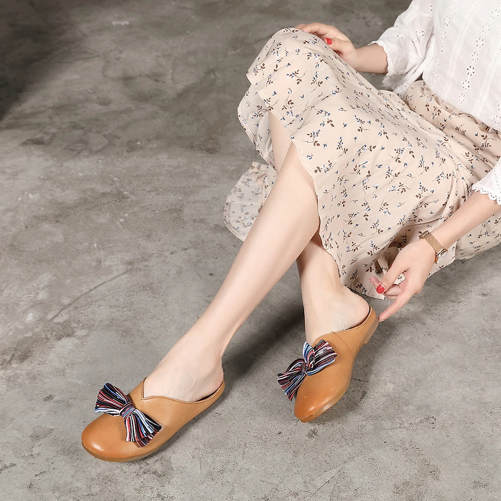 

Concise Style Leather Slippers Women Handmade Flats Casual Slip On Shoes Khaki