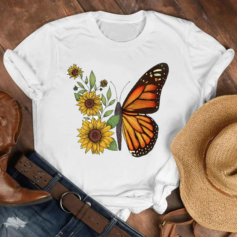 

Women Lady Cartoon Sunflower 2020 Fall Autumn Butterfly 90s Shirt Clothes Tshirt Tee Womens Top Female Print T Graphic T-shirt