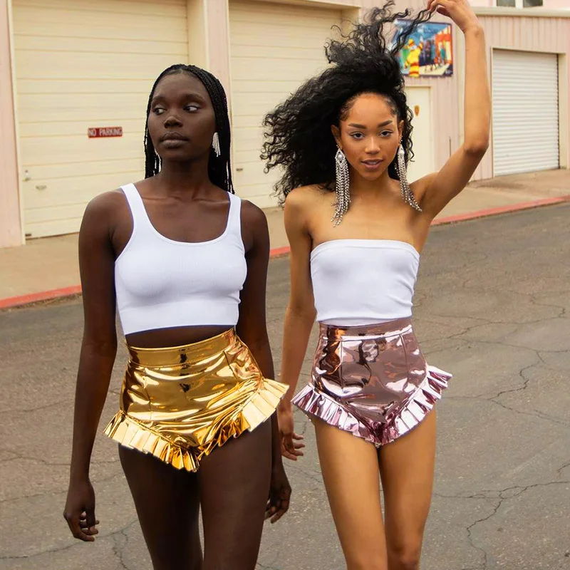 

2021 Reflective Shiny Women Shorts High Waist Ruffles Skinny Bottom Summer Sexy Night Club Party Hot Shorts Activewear Trousers
