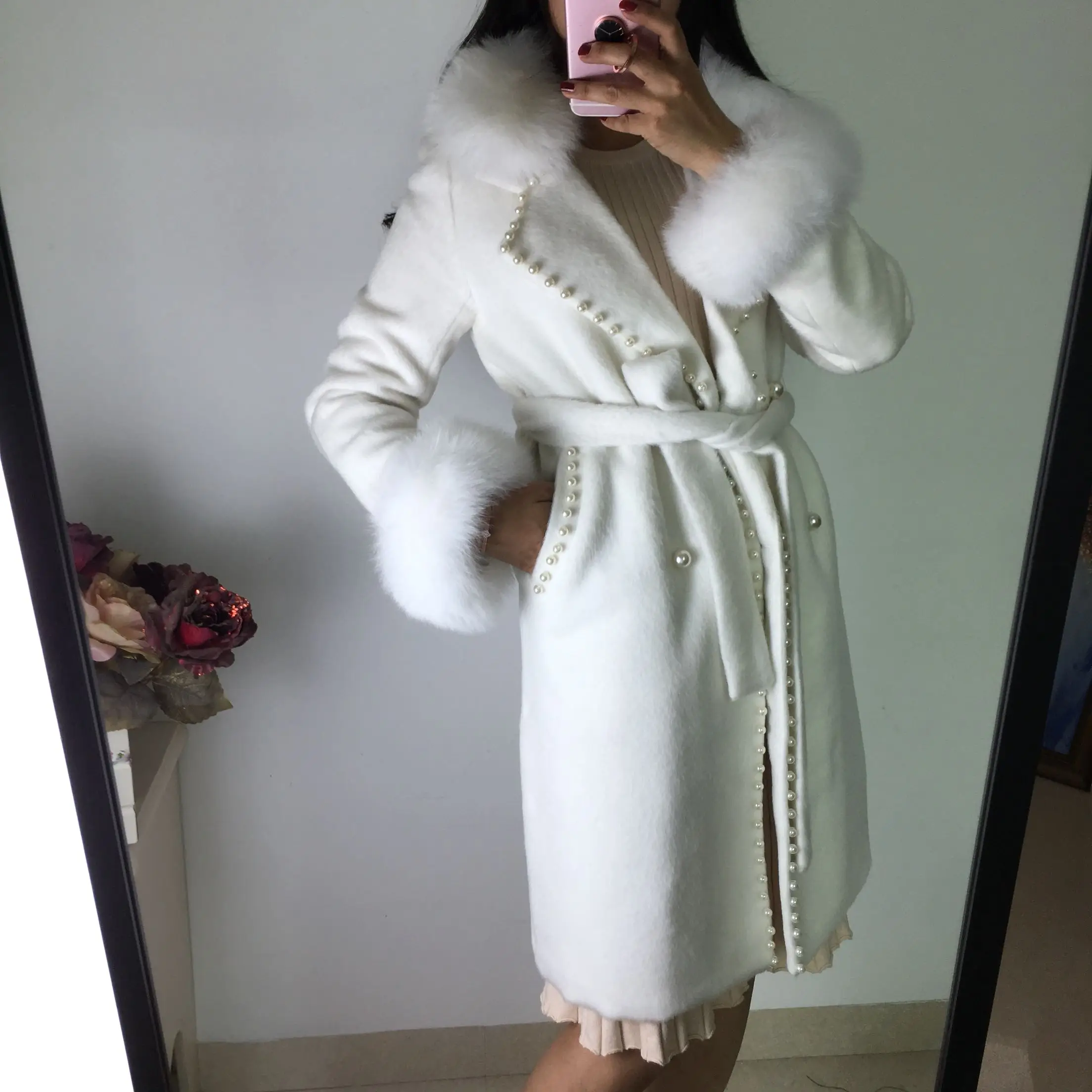 Женское кашемировое пальто средней длины теплое толстое с большим воротником из