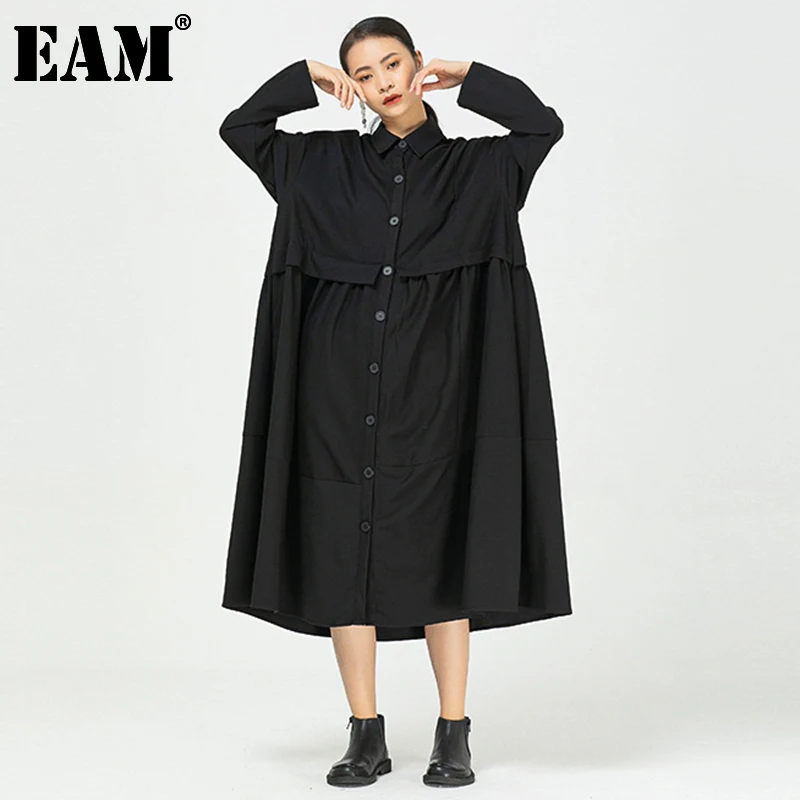 

[EAM] Women Striped Pattern Big Size Irregular Dress New Lapel Long Sleeve Loose Fit Fashion Tide Spring Autumn 2021 1DD4106