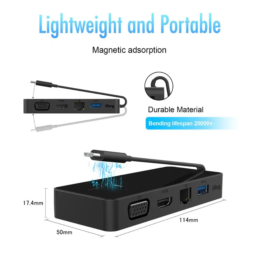 

iFory USB 3.0 Type C Hub USB C Adapter with VGA, Ethernet For MacBook Pro Air Dock Ports Splitter Hub Docking station