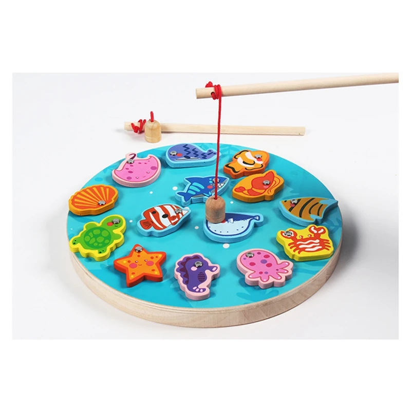

Children's Wooden netic Fishing Toy Kitten Fishing Game Wood Fishing Educational Games for Kids Gift
