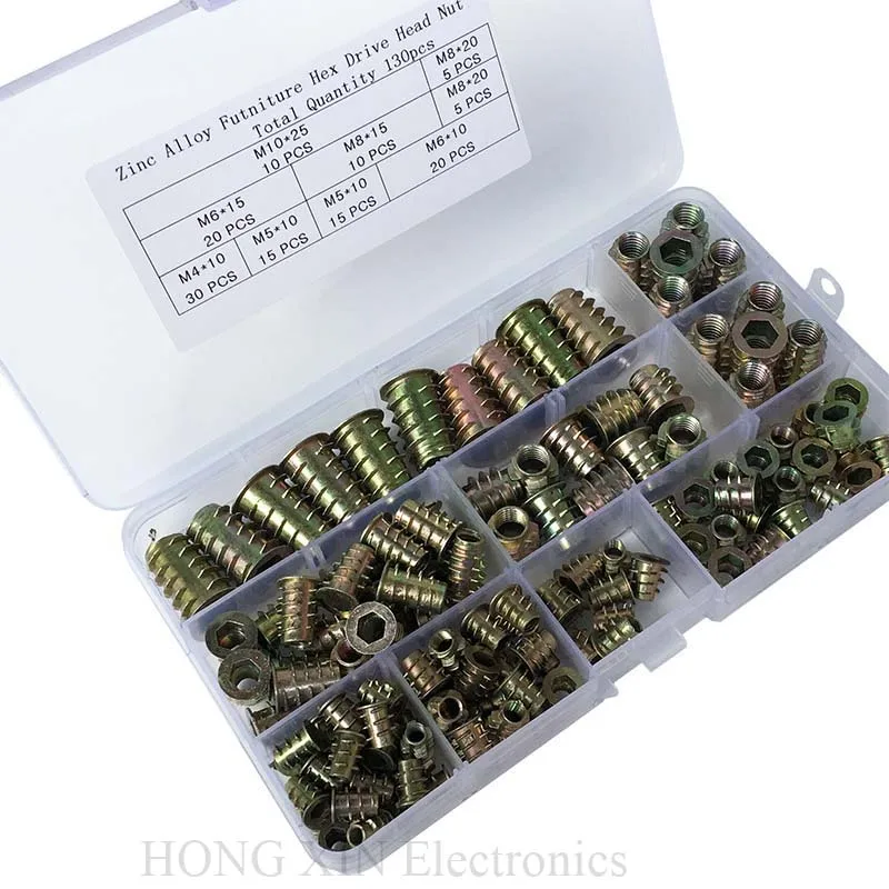

130 Pieces 7 Size M4/M5/M6/M8/M10 Metric Threaded Inserts Nuts Assortment Tool Kit for Wood Furniture Zinc Alloy Furniture Bolt