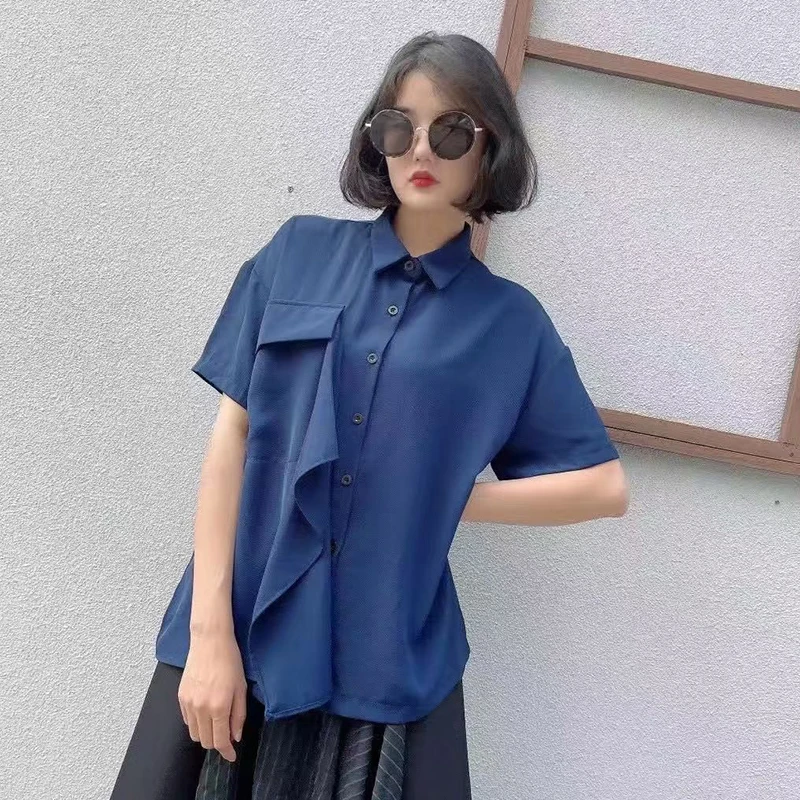 

CHICEVER Solid Irregular Shirts For Women Lapel Short Sleeve Patchwork Oversize Casual Blouses Female Clothes 2021 Fashion Style