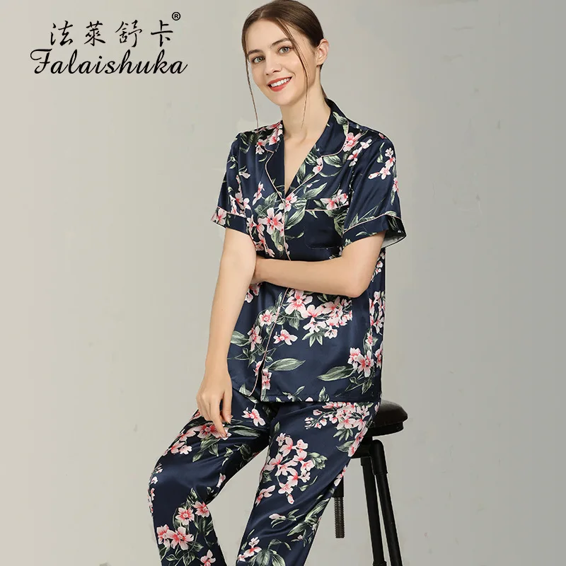 Woman Silk Pajamas Sets Short Sleeve  Sleepwear  Two Pieces Set  Floral Print 2021 New Summer  Lady Silk Home Wear Pyjamas