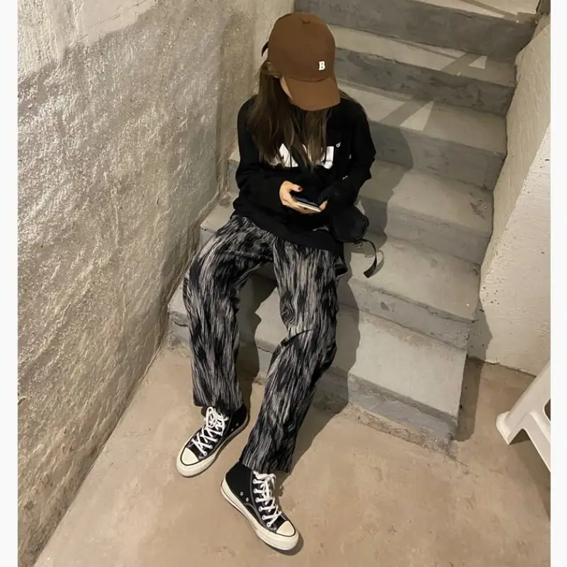 

Spring and summer tie dyed casual pants women's 2021 New Retro High Waist loose and thin straight leg trousers