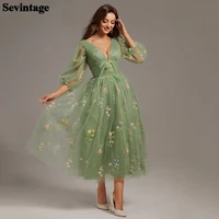 sevintage mint green printed flowers short prom dresses 34 sleeves formal evening dress laced up tea length women party gowns