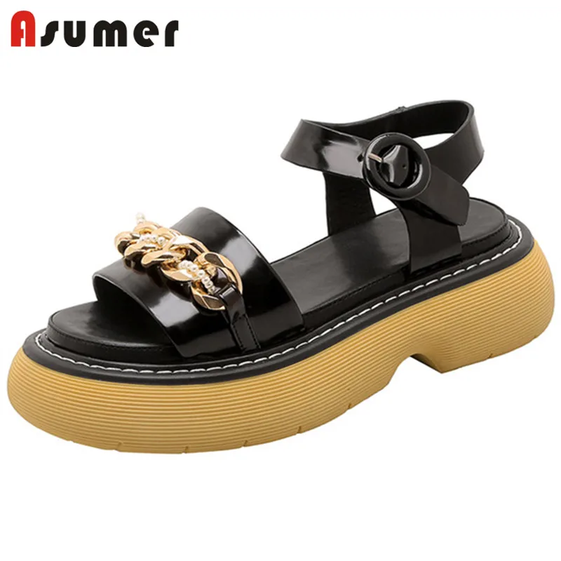 

Asumer 2021 New Fashion Flat Platform Sandals Women Genuine Leather Shoes Chain Buckle Comfortable Casual Shoes Female Black