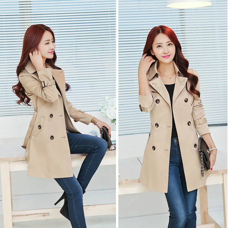 

Double Breasted Windbreaker Female Mid-Long Coat Women's Solid color Trench Coat Spring Autumn New Style Outerwear With Belt