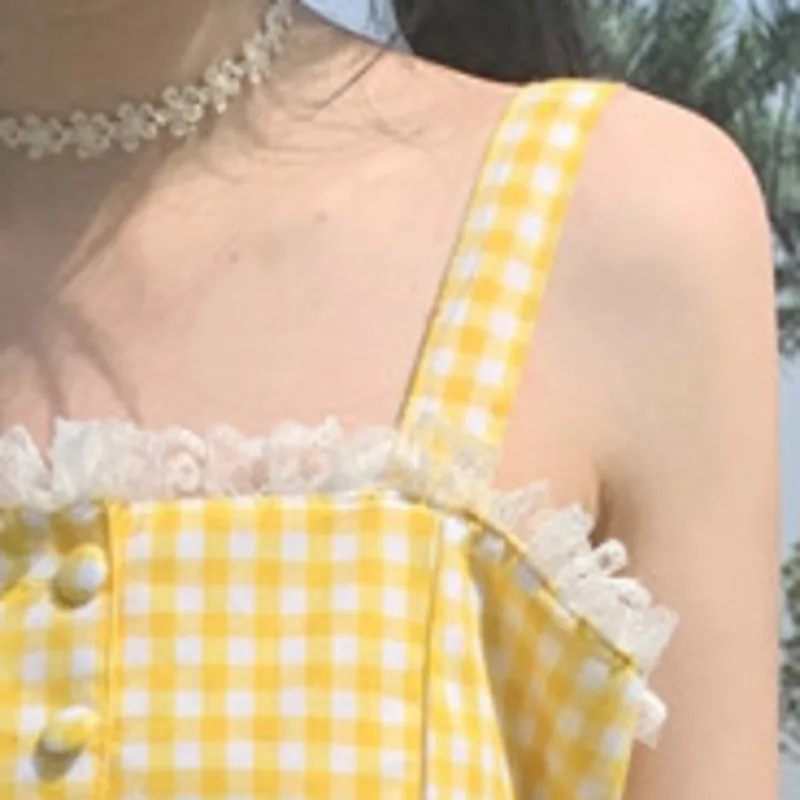 

2021 Summer Women Lolita Mini Dress Suspenders Yellow Plaid Backless Bow Sweet Dresses Button Up Lace Patchwork Ruffle Vestidos