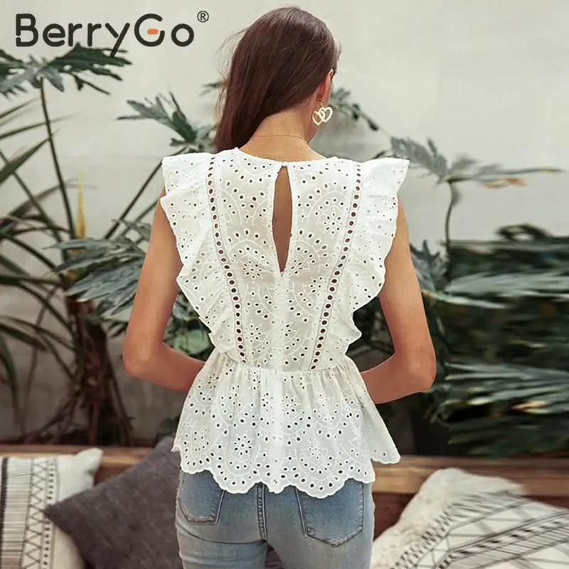 Женский топ с баской BerryGo Повседневный хлопковый оборками круглым вырезом и