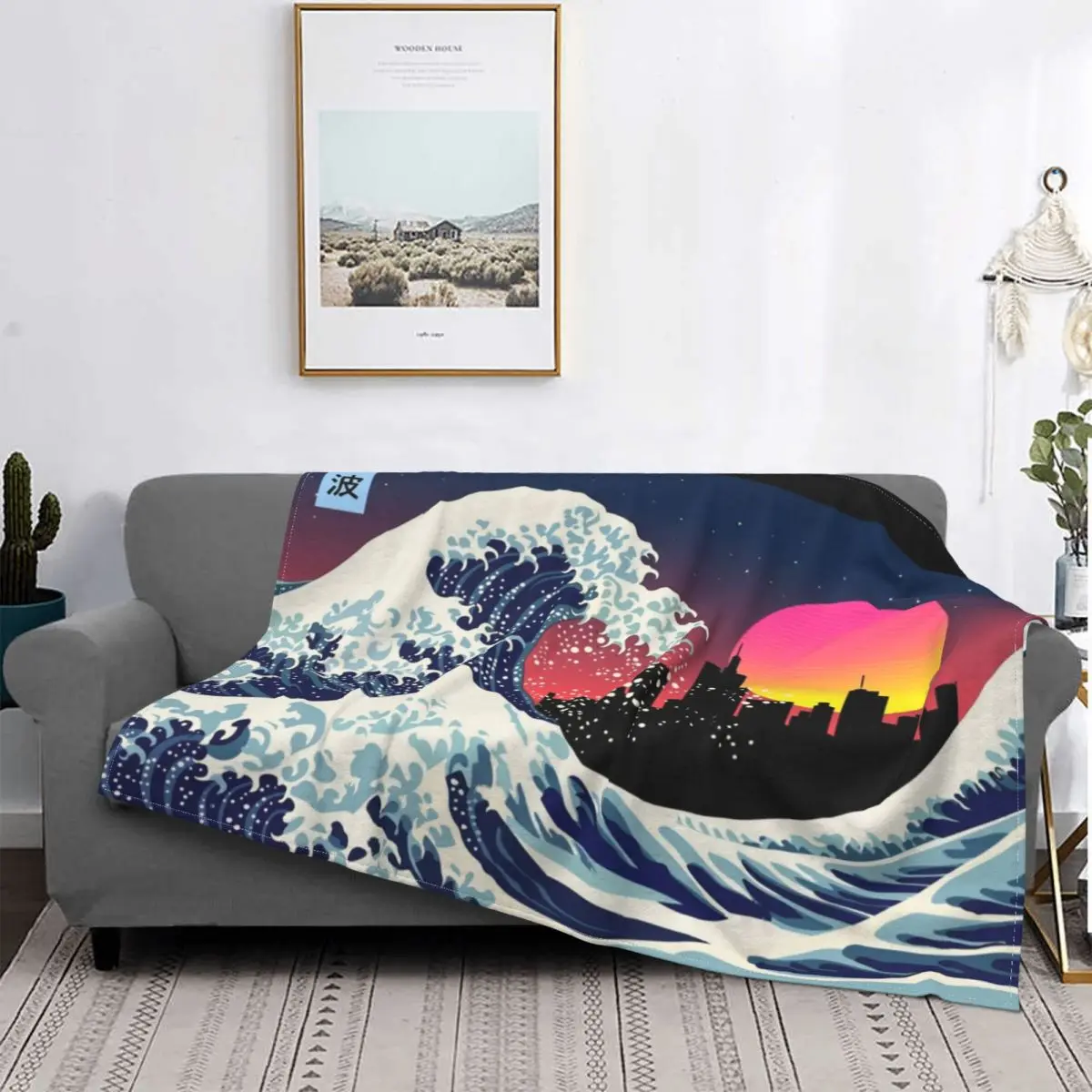 

The Great Wave Off Kanagawa-mantas Retro japonesas de franela, manta fina ligera para sofá, colcha de viaje, arte de verano