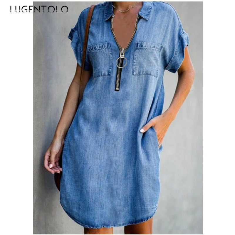 

Summer Dress Women Short Sleeve Zipper Lapel Casual Dresses Ladies Fashion Pocket Polyester Loose Thin Short Dress Lugentolo