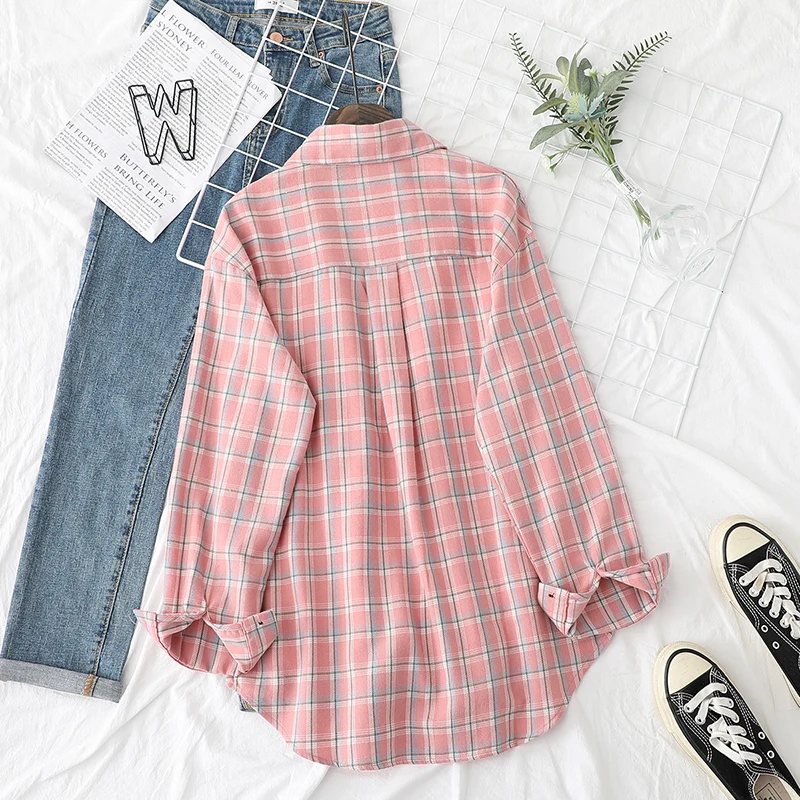 2021NEW Plaid Shirts Womens Blouses And Tops Long Sleeve Female Casual Print Shirts Loose Cotton Checked Lady Outwear Spring