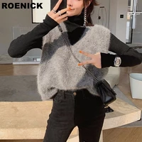 roenick sweaters vests women fluffy soft solid v neck sweater vest womens warm korean style loose leisure fashion street wear