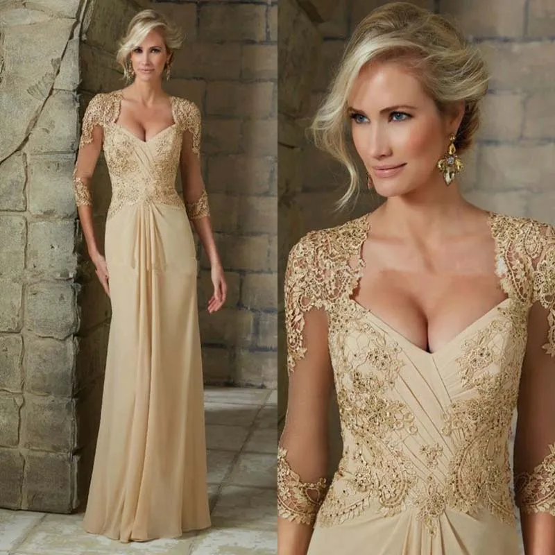 

Champagne Evening Dresses A-line V-neck 3/4 Sleeves Chiffon Appliques Beaded Long Groom Party Gown Vestidos De Fiesta
