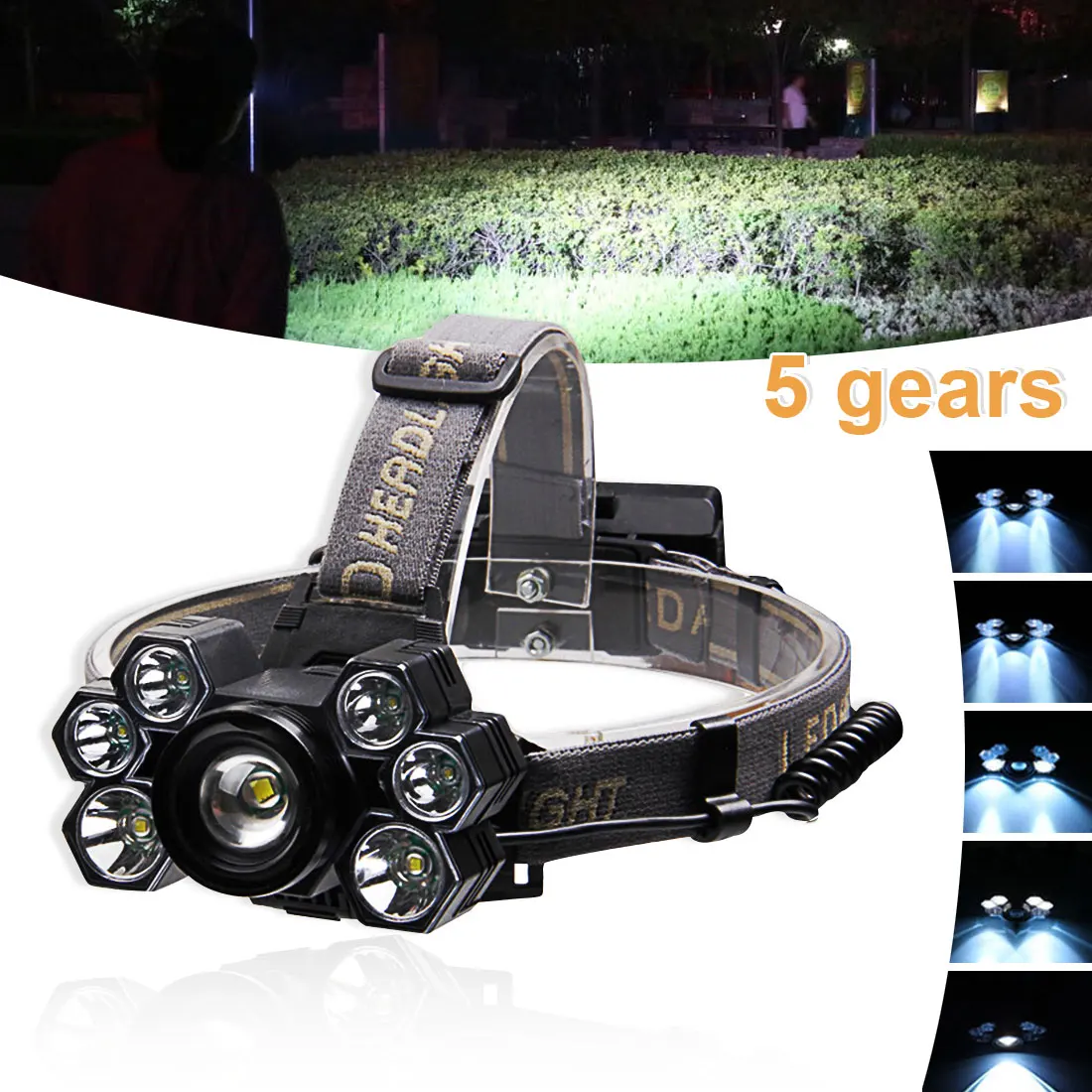 

Most Powerful 7LED Zoom Long Shot Strong Headlight USB Rechargeable Waterproof Fishing Headlight Use 18650 Battery