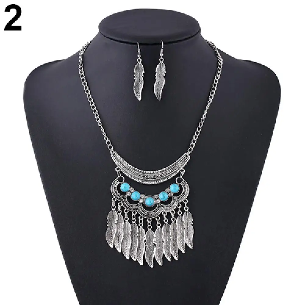 

Women Vintage Leaves Tassels Pendant Choker Necklace Hook Earrings Jewelry Set