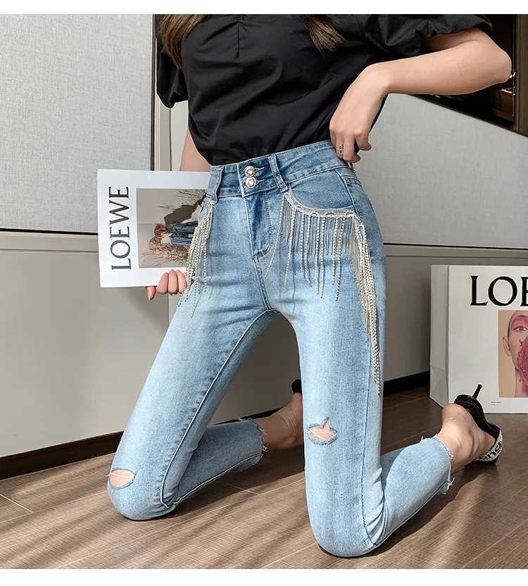 

Cropped Trousers Women 2021 Spring Wild Diamond Tasseled Jeans Female Loose High Waist Irregular Ripped Skinny Pencil Pants
