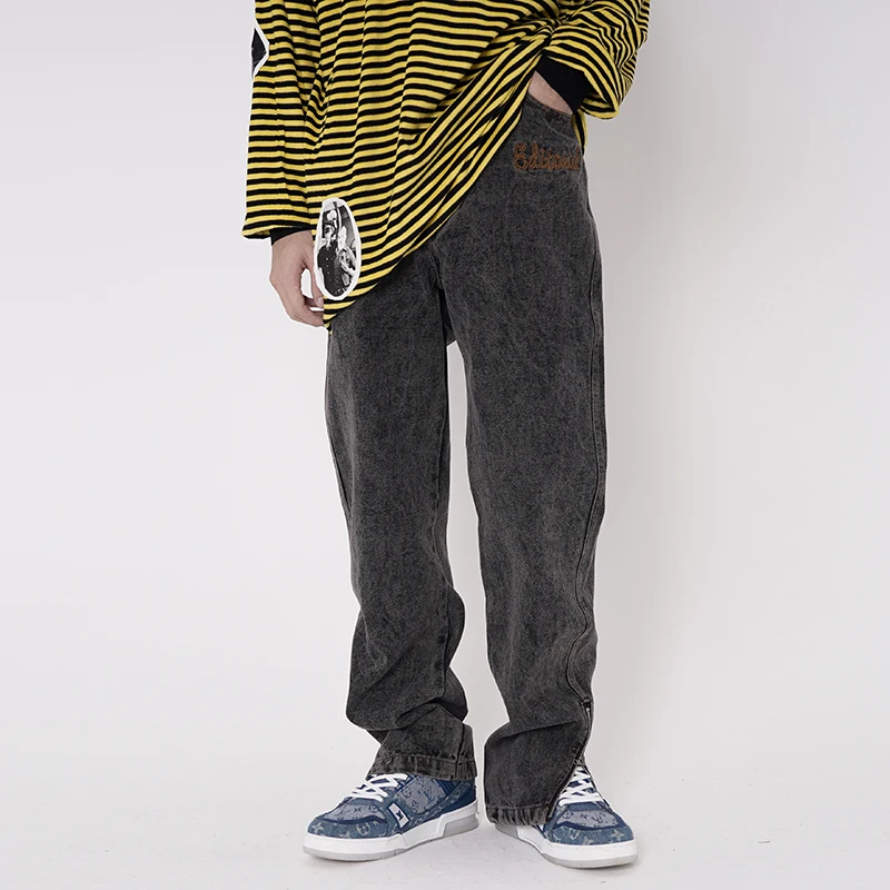

High Street Musical Note Letter Embroidery Mens Jeans Pants Oversize Washed Retro Side Zipper Baggy Casual Denim Trousers