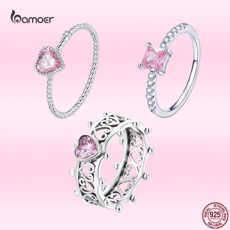 

Bamoer 925 Sterling Silver Vintage Hollow Love Rings Romantic Pink Heart Zircon Finger Rings for Women S925 Wedding Jewelry Gift