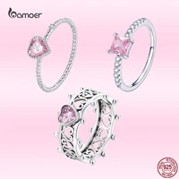 bamoer 925 sterling silver vintage hollow love rings romantic pink heart zircon finger rings for women s925 wedding jewelry gift