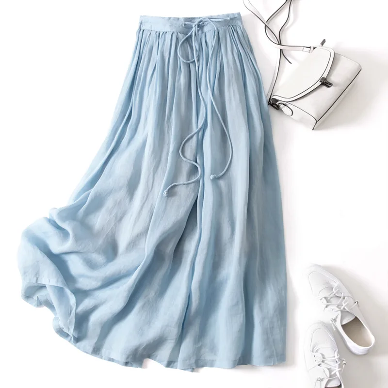 

Limiguyue Summer Luxury Japanese Women Skirt Vintage Drawstring Elastic High Waist Skirts Ramie Cotton Linen Maxi Skirt K2042