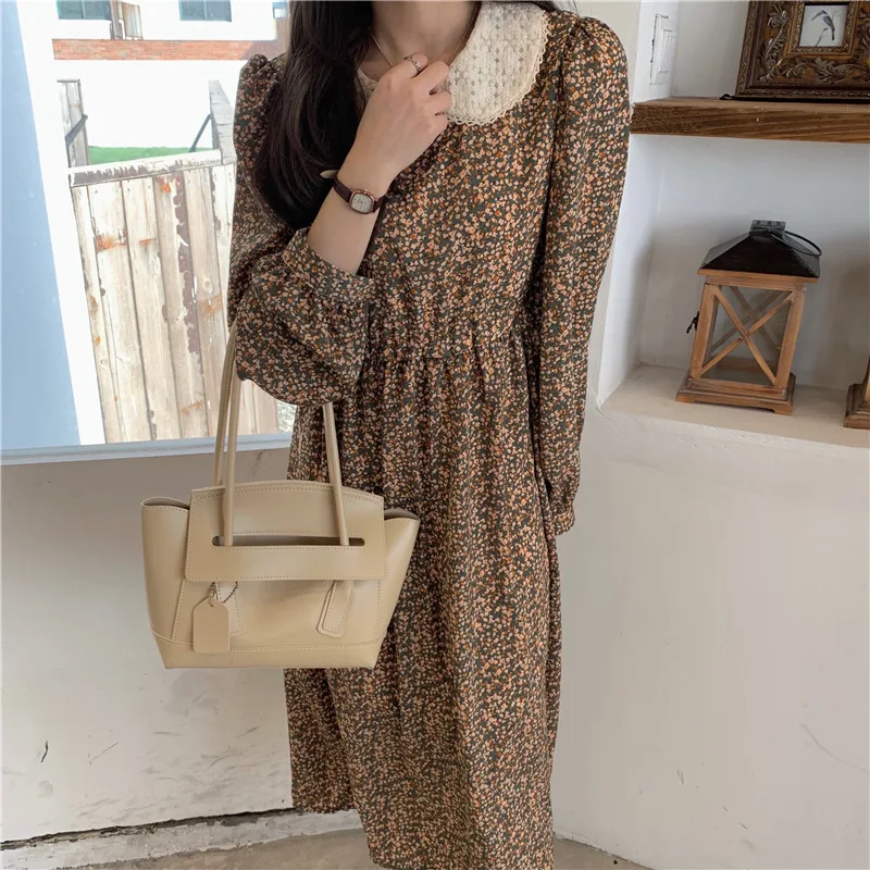 

Chiffon Print Dress Spring Women's Sweet A Line Loose Casual Robe 2021 New Peter Pan Collar High Waist Lace Princess Woman Dress