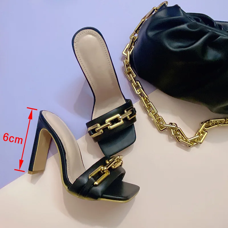 

Woman High Heel Shoes Square Toes Chain Decoration Candy Color Rubber Woman's Slippers Fashion Comfortable 2021 New Summer