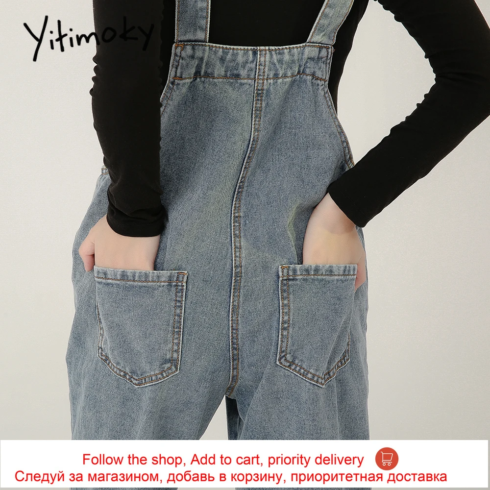 

yitimoky off shoulder rompers womens jumpsuit jeans loose vintage casual solid denim pants blue korean clothes women 2020 new