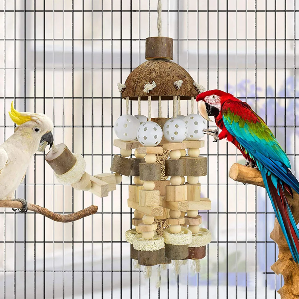 

Natural Wood Bird Hanging Bite Chew Wooden Funny Parrot Cage Accessory