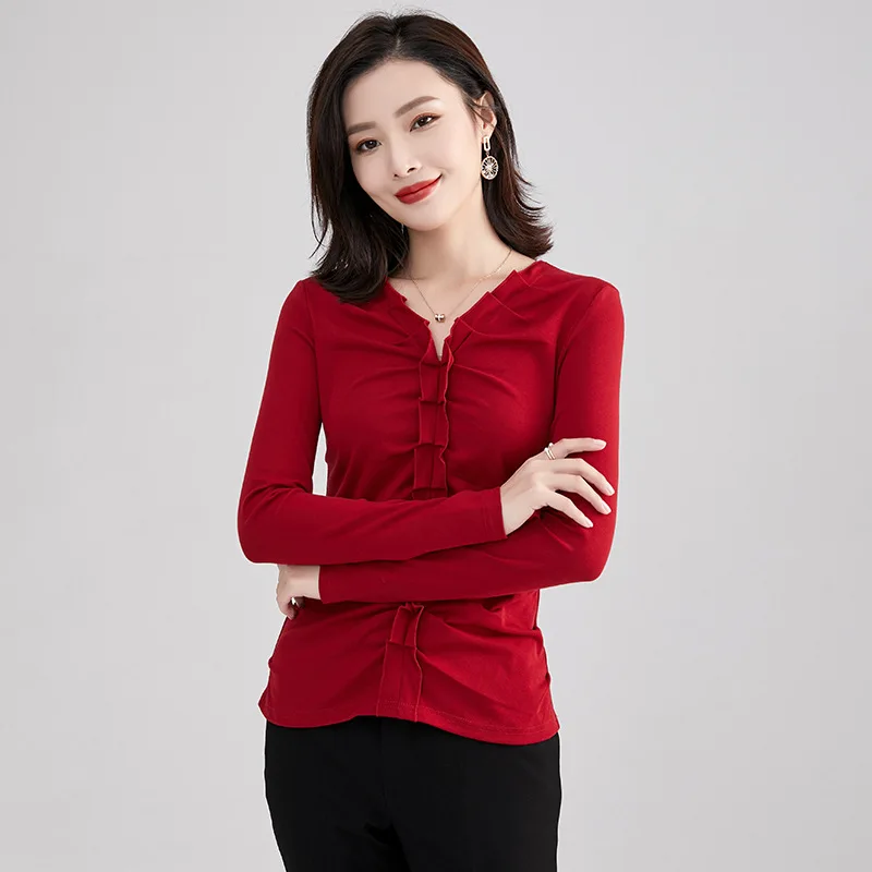 

2021 new fashion T-shirt Womens solid color wood ear collar cotton