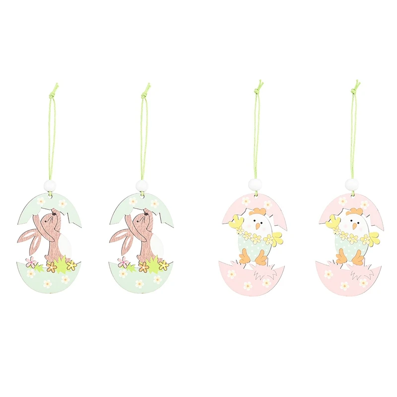 

4 Pcs Easter Pendant For Bunny Egg Shell Rabbit Wooden Hanging Ornaments Pendant For Home Party Decorations, B & C