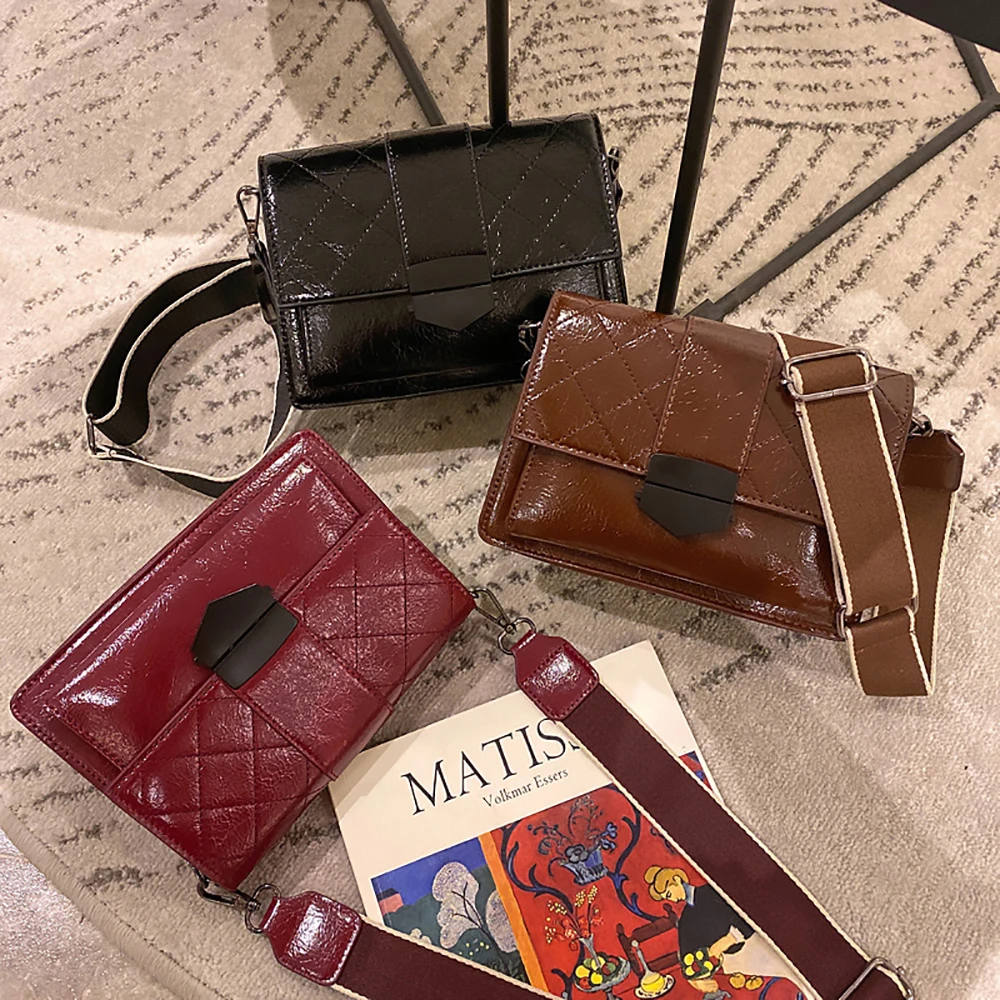 

New Fashion Flap Crossbody Bags for Women PU Leather Messenger Shoulder Bags Lady Solid Cover Wide Shoulder Braid Bag Lock