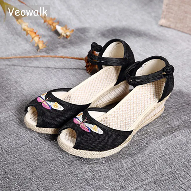 Veowalk/женские льняные босоножки на танкетке с вышивкой в виде стрекозы Эспадрильи