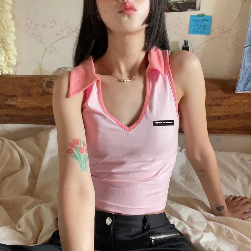 

ZOVSV Pink V Neck Y2K Cute Cropped Tank Top Women Casual Turn Down Collar Sleeveless Mini Vest Fashion Basic Camisole 2021