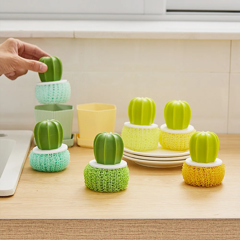 

1pc Creative Cactus Cleaning Brushes Gradient Color Nano Cleaning Ball Pot Brush Household Cleaning Tools Kitchen Items