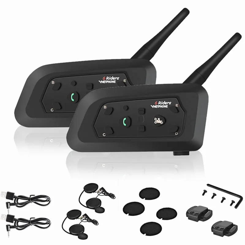 2 шт., Беспроводная Bluetooth гарнитура для шлема, мотоциклетный Интерком, 1200 м, многоканальный динамик HD для 6 райдеров, моторный Интерком