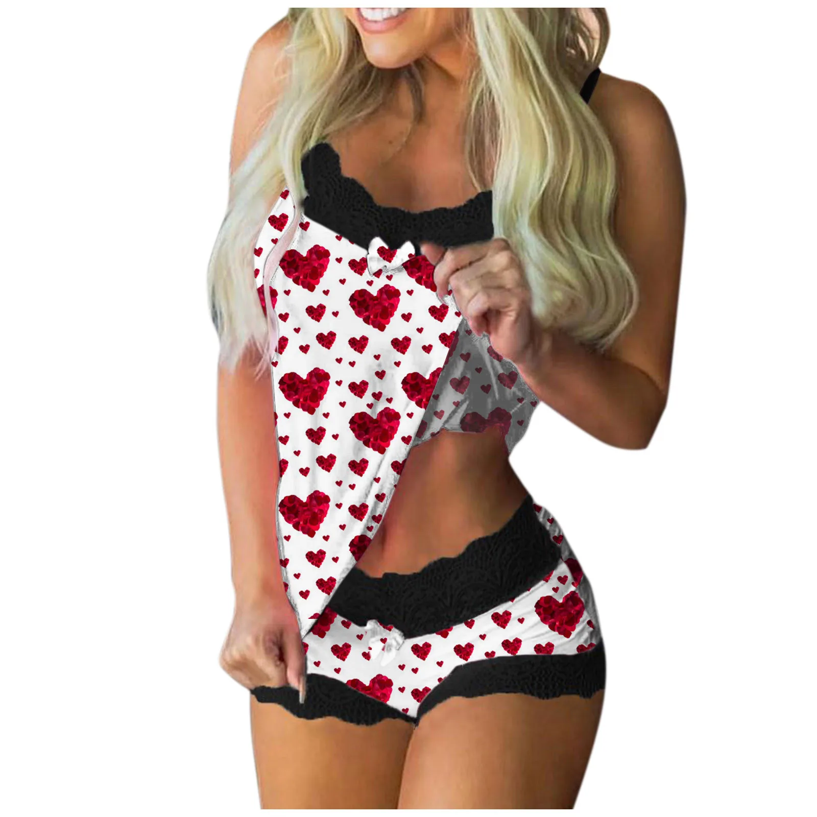 

Women Christmas Print Pajamas Sleeveless Lace Cami Shorts Lingerie Sleepwear Set Fashion Sexy Home Ladies Underwear Pajamas Set