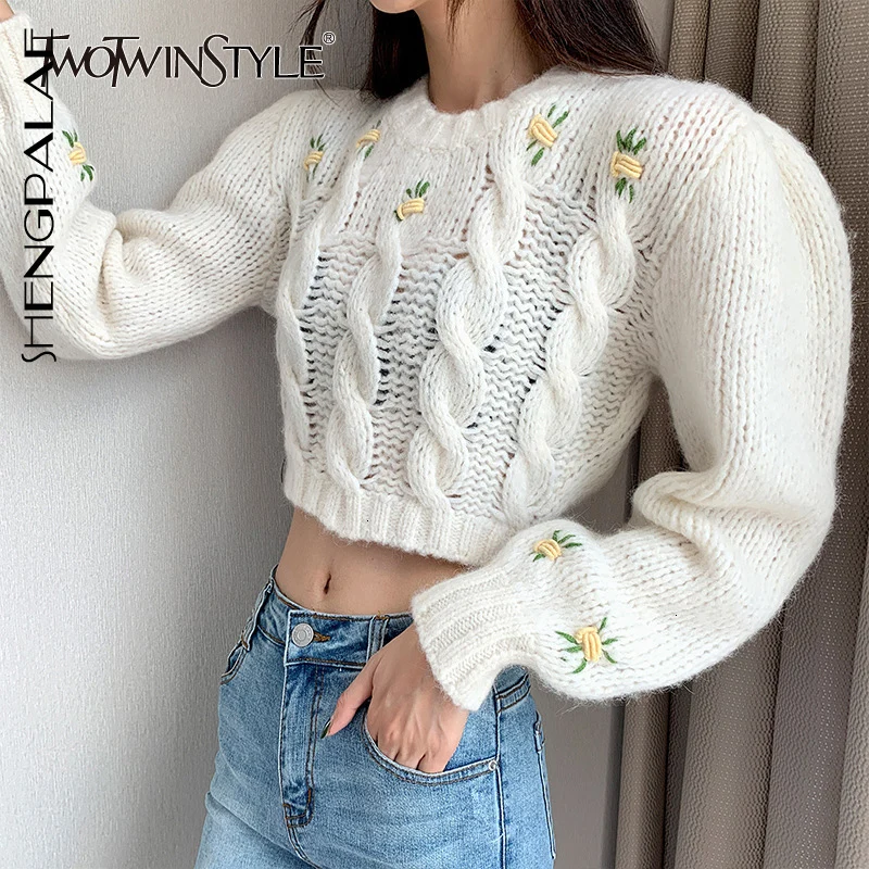 SHENGPALAE/Вязаные белые женские свитера с вышивкой женский свитер круглым вырезом и